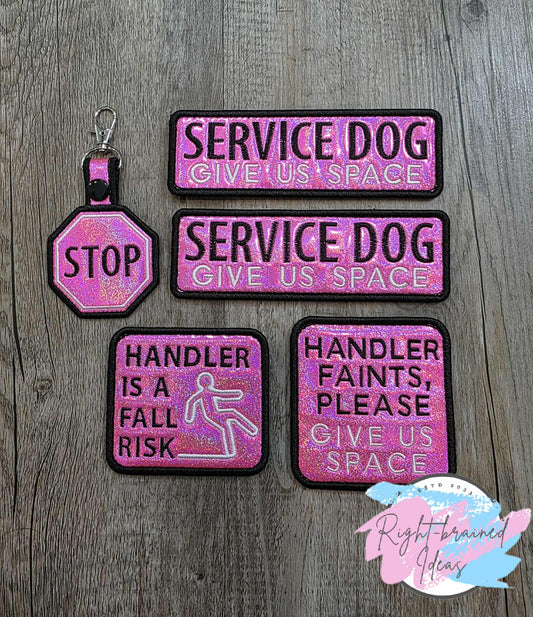 Service Dog Give Us Space Black And White On Sparkle Pink Holographic Vinyl Five-piece Patch and Patch Tab Set