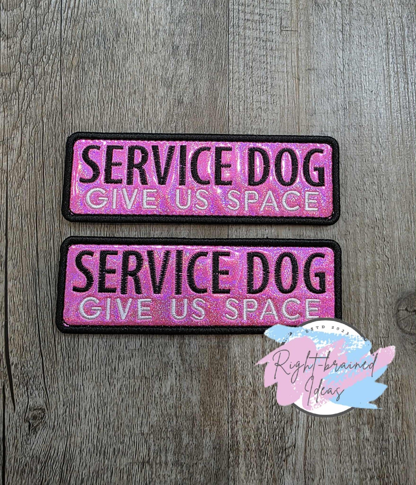 Service Dog Give Us Space Black And White On Sparkle Pink Holographic Vinyl Five-piece Patch and Patch Tab Set