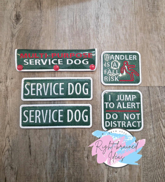 Christmas Tree Colors Inspired Service Dog Red And White On Sparkle Forest Green Vinyl Five-piece Patch and Leash Wrap Set