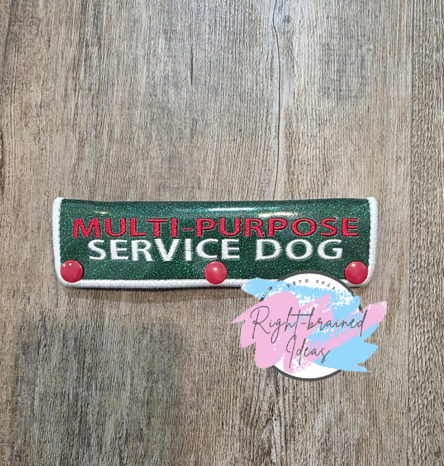 Christmas Tree Colors Inspired Service Dog Red And White On Sparkle Forest Green Vinyl Five-piece Patch and Leash Wrap Set