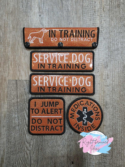 Service Dog In Training Black And White On Sparkle Burnt Orange Vinyl Five-piece Patch And Leash Wrap Set
