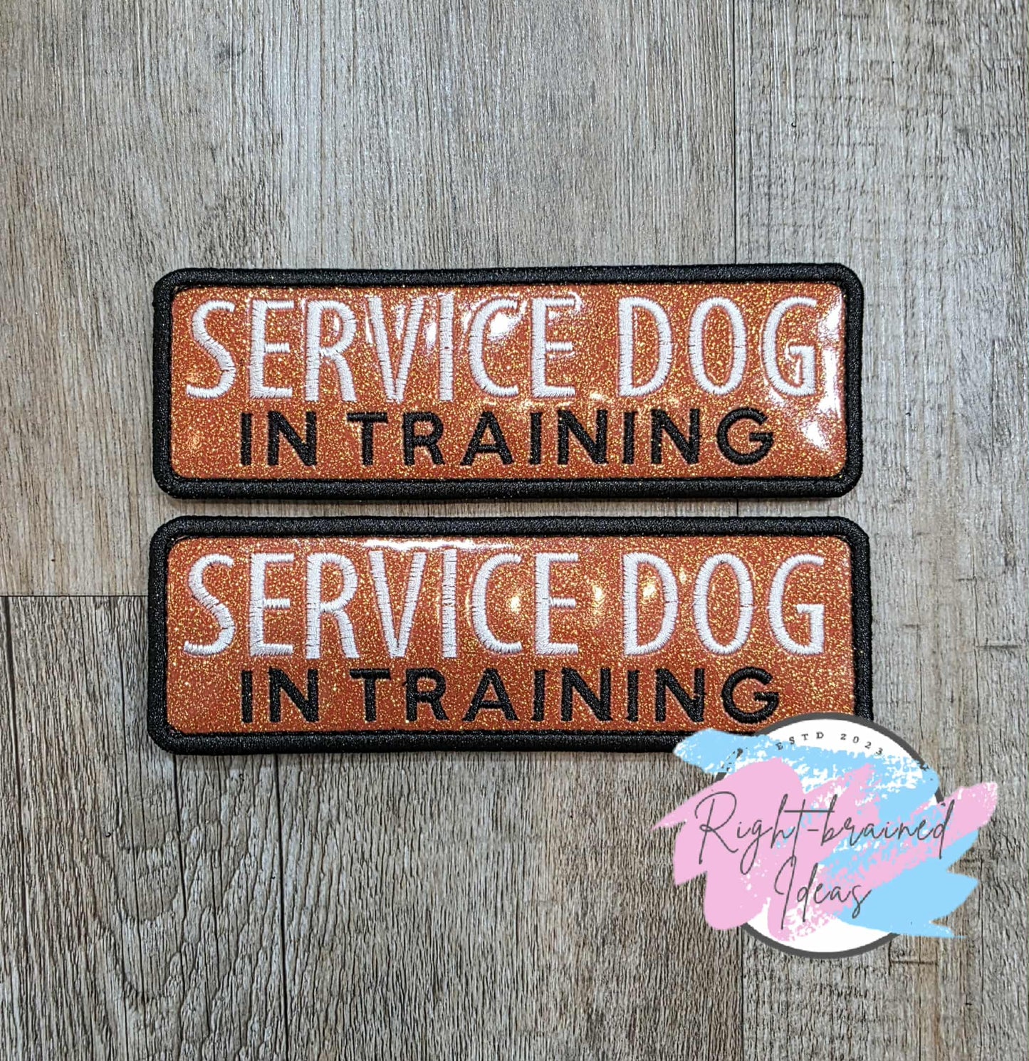 Service Dog In Training Black And White On Sparkle Burnt Orange Vinyl Five-piece Patch And Leash Wrap Set