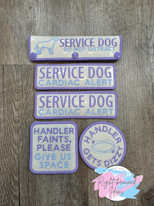 Service Dog Cardiac Alert Flat Matt Purple/Baby Blue On Sparkle White Vinyl Five-piece Patch And Leash Wrap Set