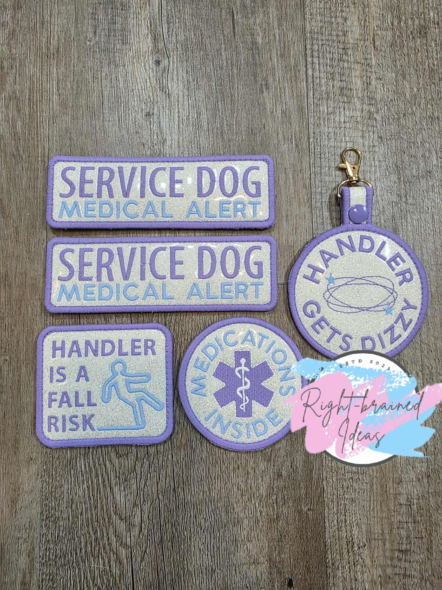 Service Dog Medical Alert Flat Matt Purple/Baby Blue On Sparkle White Vinyl Five-piece Patch and Patch Tab Set