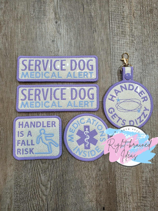 Service Dog Medical Alert Flat Matt Purple/Baby Blue On Sparkle White Vinyl Five-piece Patch and Patch Tab Set