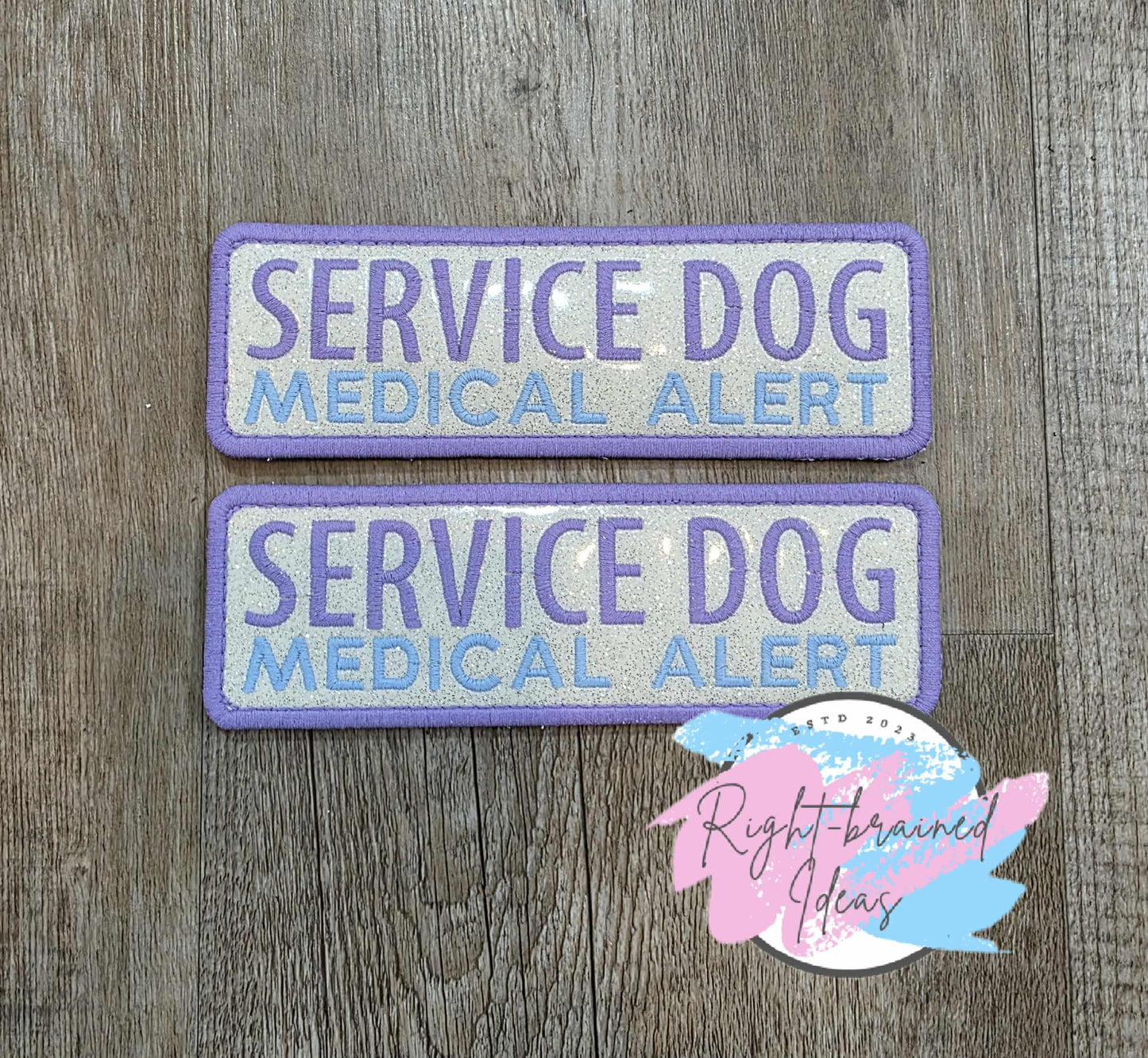 Service Dog Medical Alert Flat Matt Purple/Baby Blue On Sparkle White Vinyl Five-piece Patch and Patch Tab Set