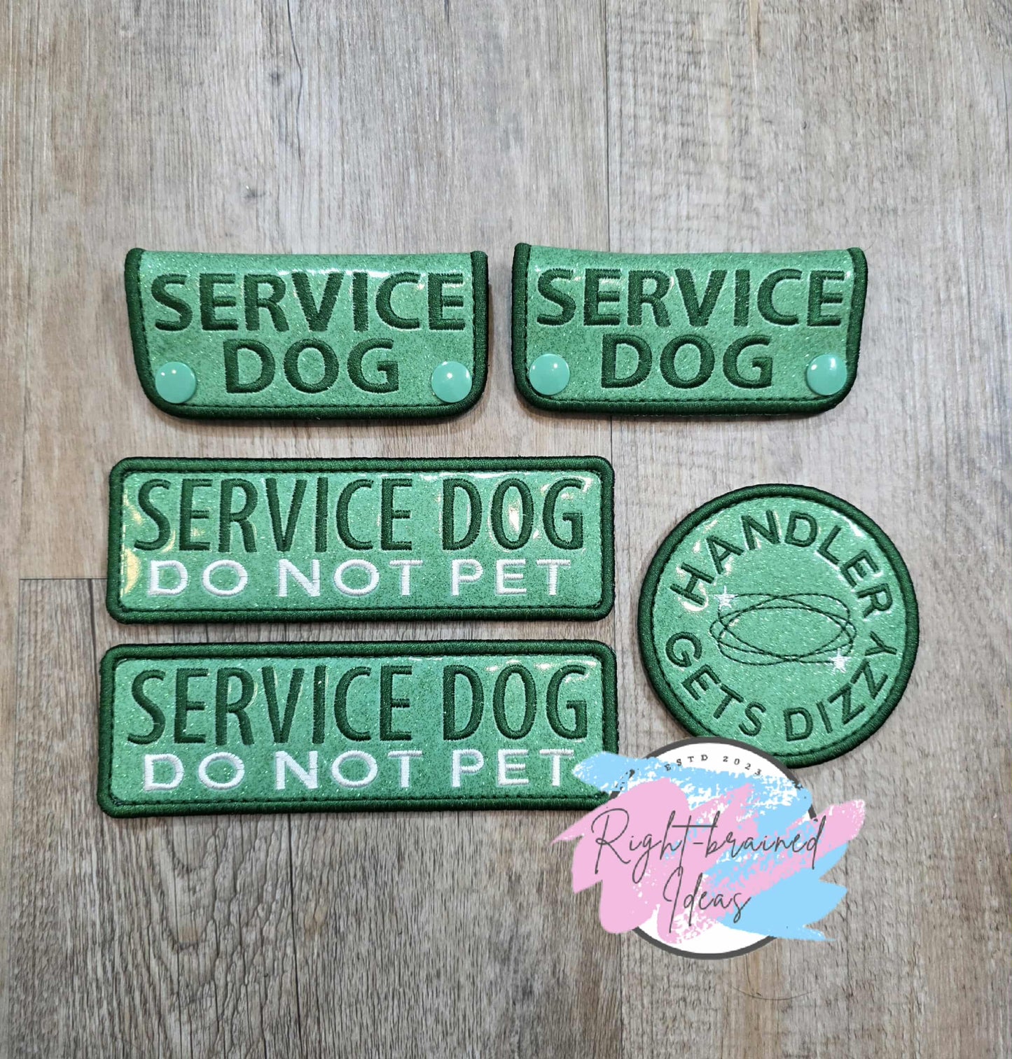Service Dog Do Not Pet Forest Green And White On Sparkle Moss Green Vinyl Five-piece Patch and Mini Leash Wrap Set