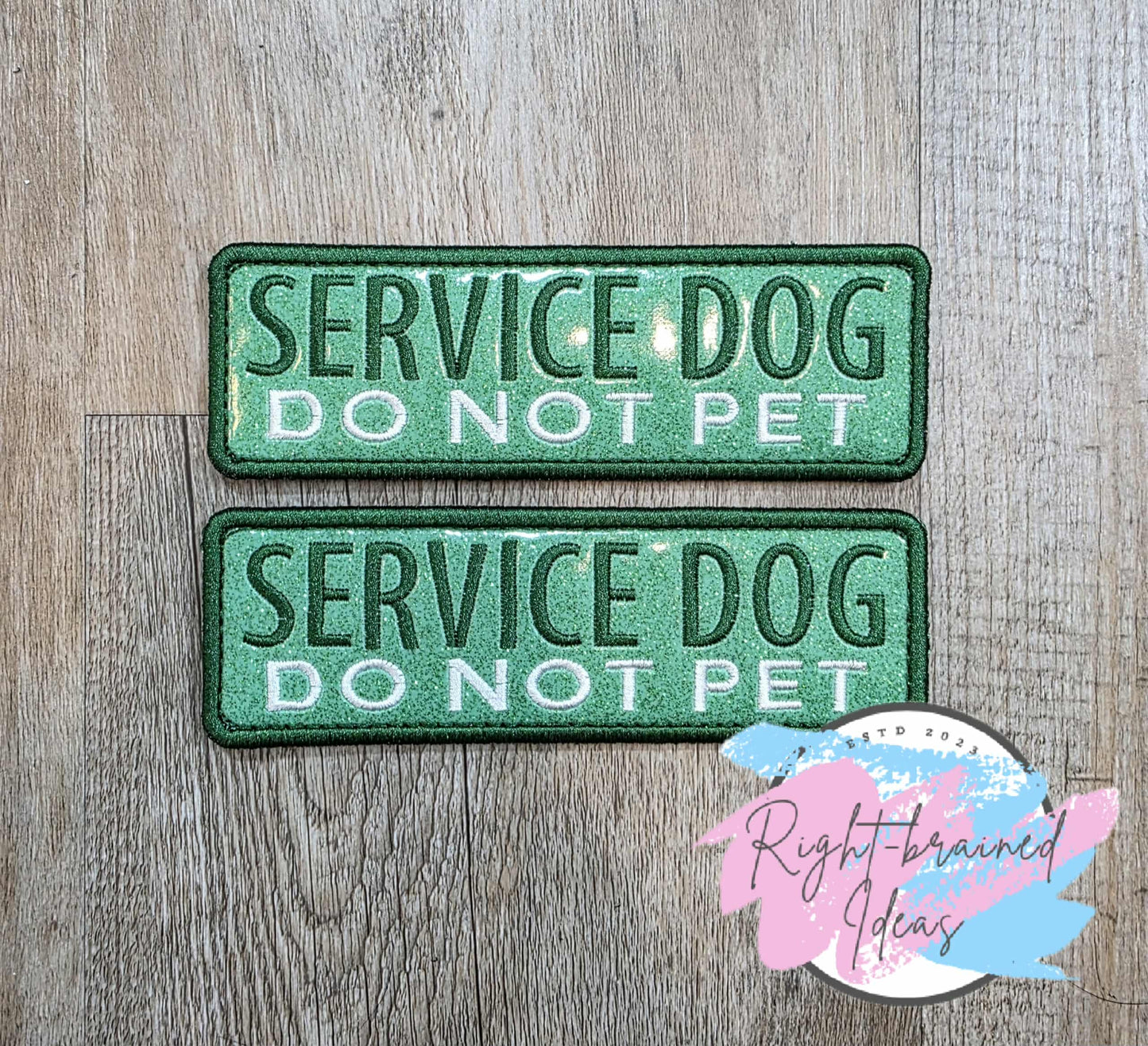 Service Dog Do Not Pet Forest Green And White On Sparkle Moss Green Vinyl Five-piece Patch and Mini Leash Wrap Set