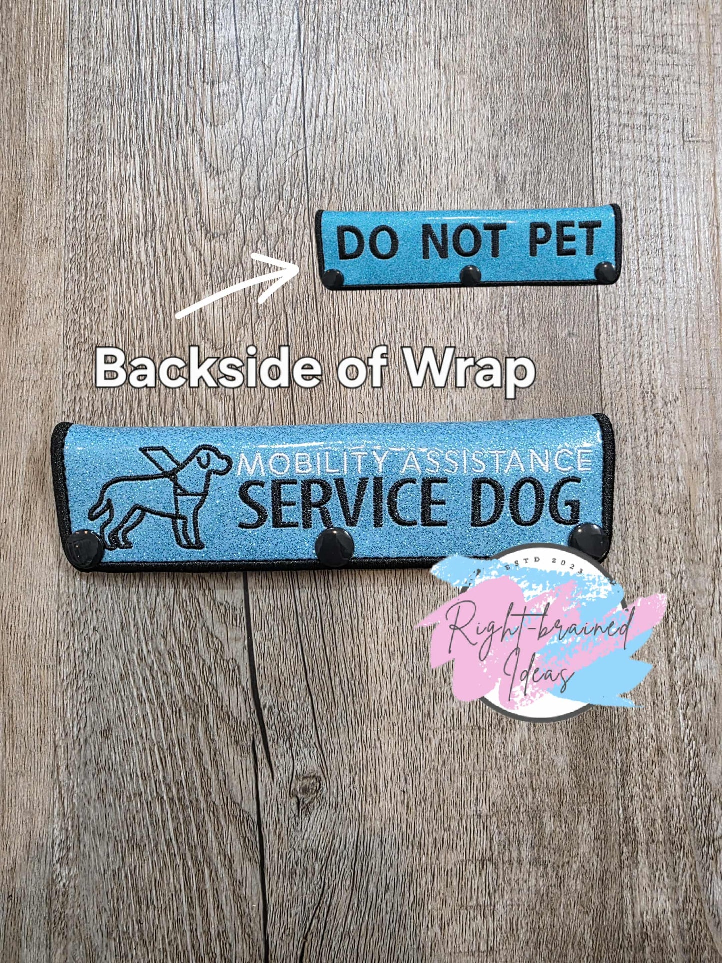 Service Dog Do Not Pet Black And White On Sparkle Sky Blue Vinyl Five-piece Patch And Double-sided Leash Wrap Set