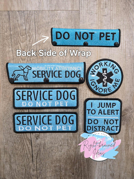 Service Dog Do Not Pet Black And White On Sparkle Sky Blue Vinyl Five-piece Patch And Double-sided Leash Wrap Set
