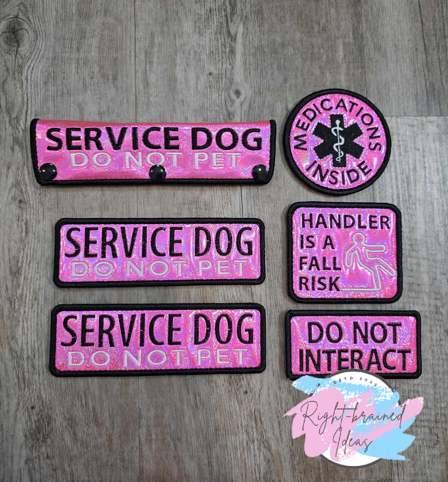 Service Dog Do Not Pet Black And White On Sparkle Pink Holographic Vinyl Six-piece Patch And Leash Wrap