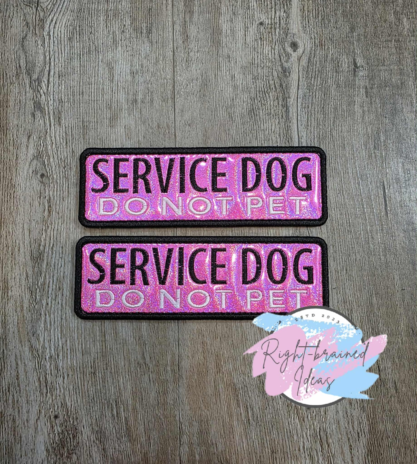 Service Dog Do Not Pet Black And White On Sparkle Pink Holographic Vinyl Six-piece Patch And Leash Wrap