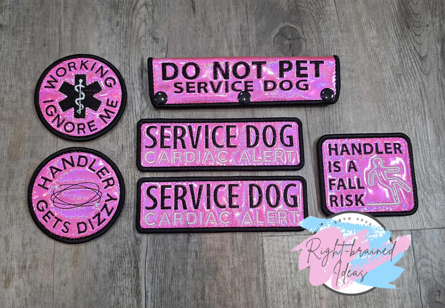 Service Dog Cardiac Alert Black And White On Sparkle Pink Holographic Vinyl Six-piece Patch And Leash Wrap