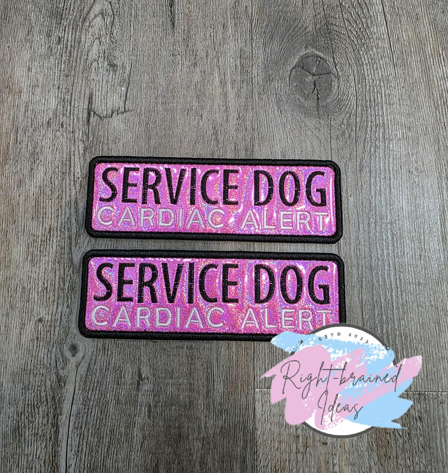 Service Dog Cardiac Alert Black And White On Sparkle Pink Holographic Vinyl Six-piece Patch And Leash Wrap