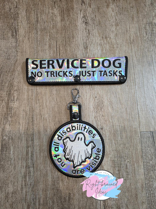 Service Dog No Tricks Just Tasks Black and White on Silver Holographic Vinyl Two-piece Patch Tab and Leash Wrap Set