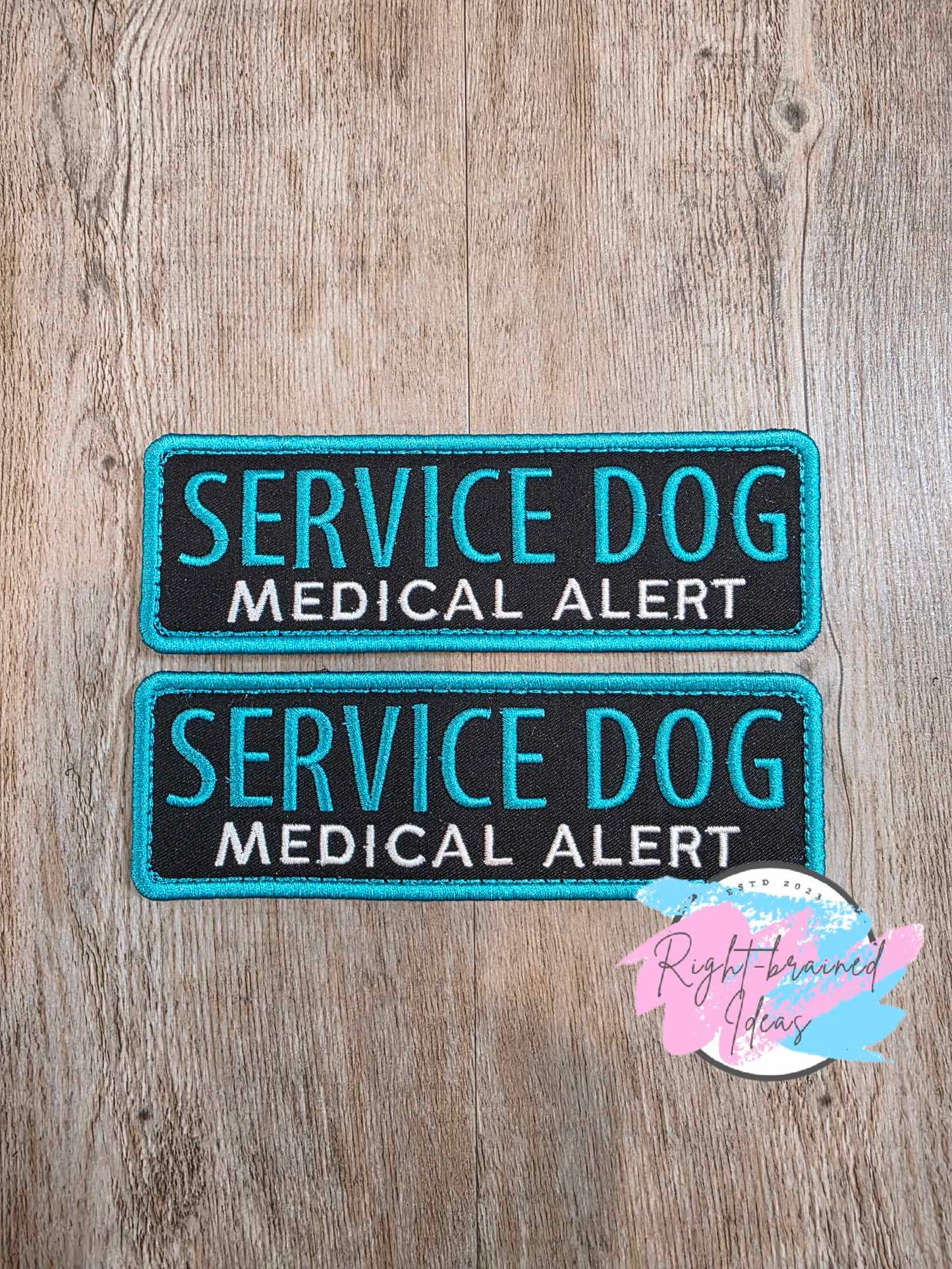 Service Dog Medical Alert Teal on Black Twill POTS Dysautonomia Five-piece Patch and Tab Set