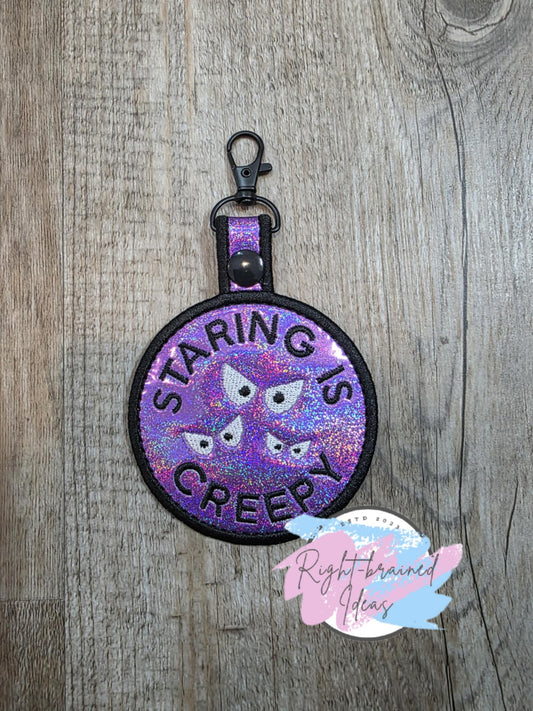 Creepy Crawly Inspired Staring is Creepy White And Black On Sparkle Purple Holographic Vinyl Patch Tab