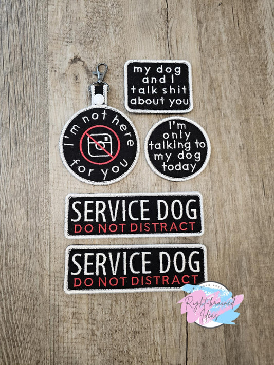 Service Dog, Do Not Distract White on Black Canvas Five-piece Patch and Patch Tab Set