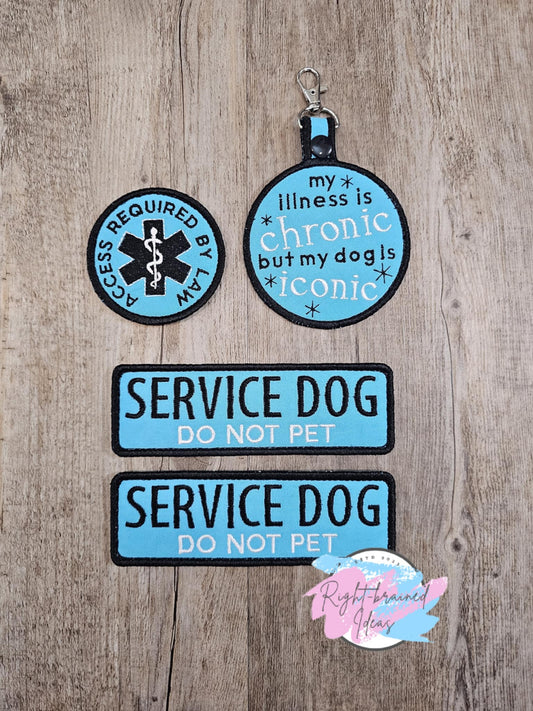 Service Dog Do Not Pet Black and White on Sky Blue Canvas My Dog is Iconic Four-piece Patch and Tab Set