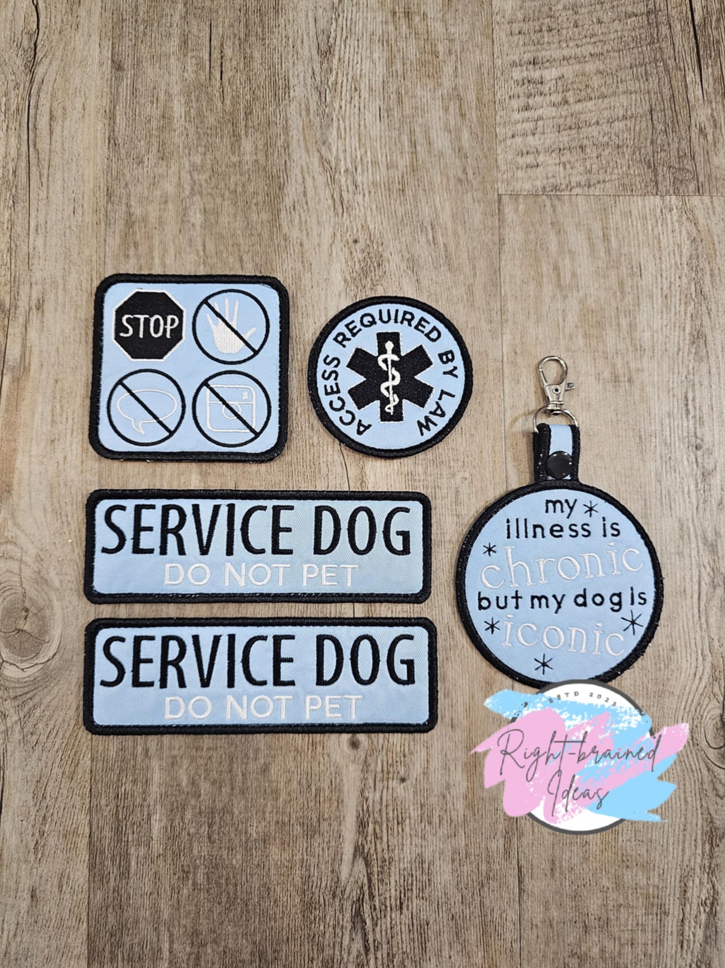 Service Dog Do Not Pet Black and White on Light Blue Twill My Dog is Iconic Five-piece Patch and Tab Set