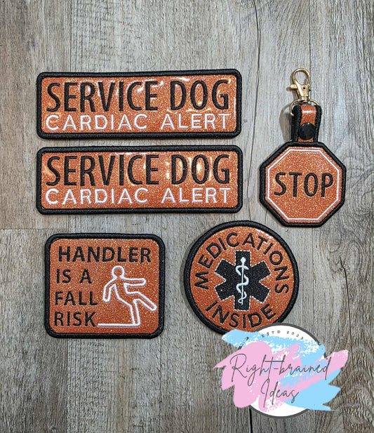 Service Dog Cardiac Alert Black And White On Sparkle Burnt Orange Vinyl Five-piece Patch and Patch Tab Set