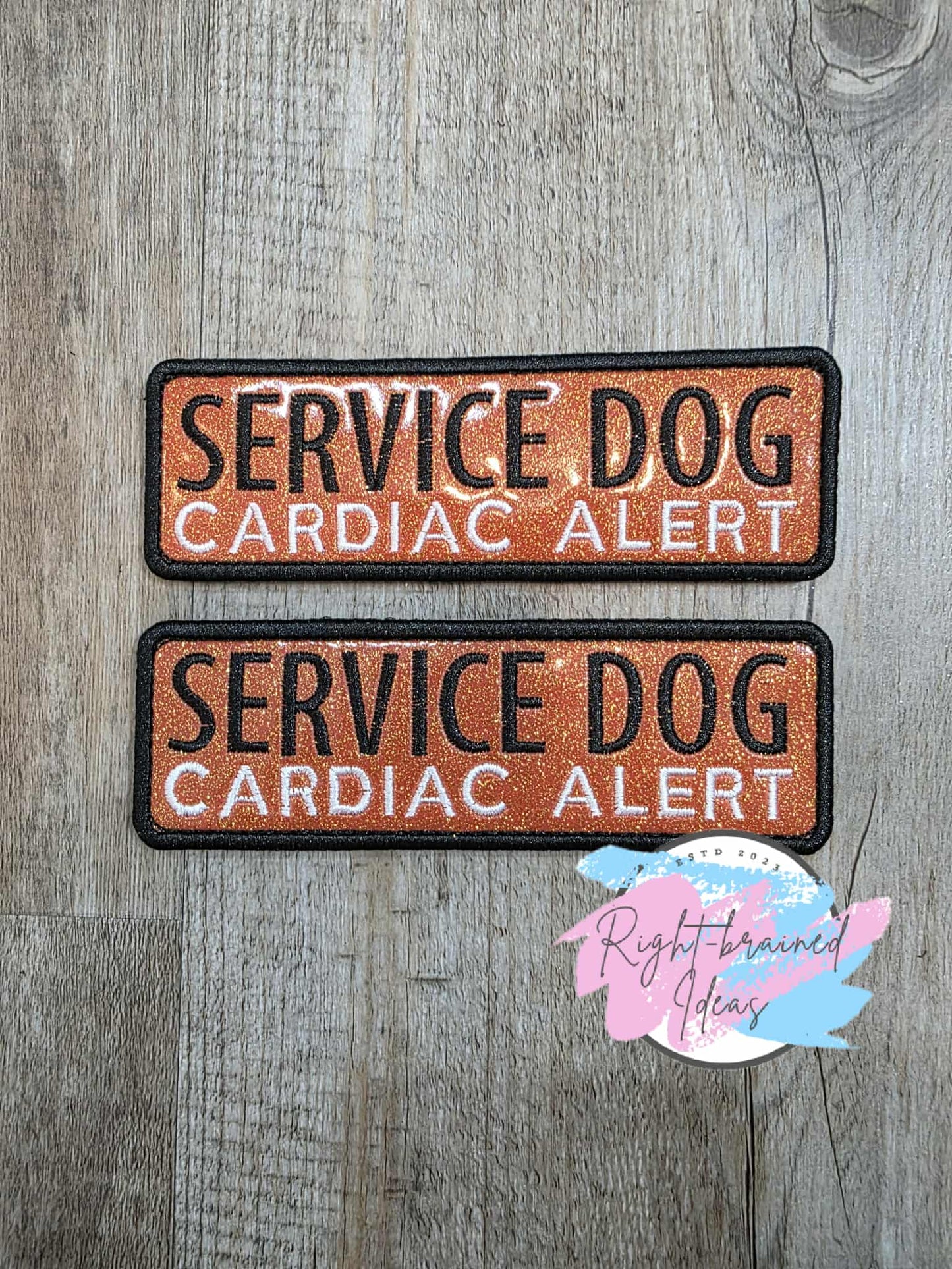 Service Dog Cardiac Alert Black And White On Sparkle Burnt Orange Vinyl Five-piece Patch and Patch Tab Set