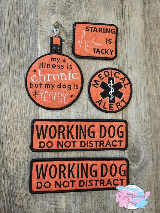 Service Dog, Do Not Pet Black on Burnt Orange Canvas Five-piece Patch and Patch Tab Set