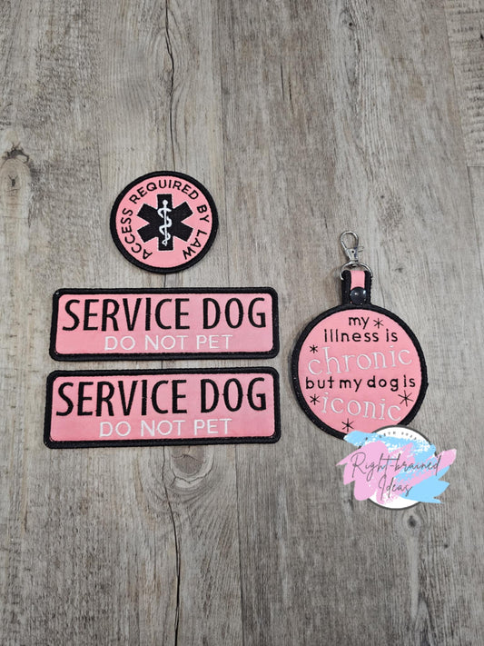 Service Dog Do Not Pet Black and White on Coral Twill My Dog is Iconic Four-piece Patch and Tab Set