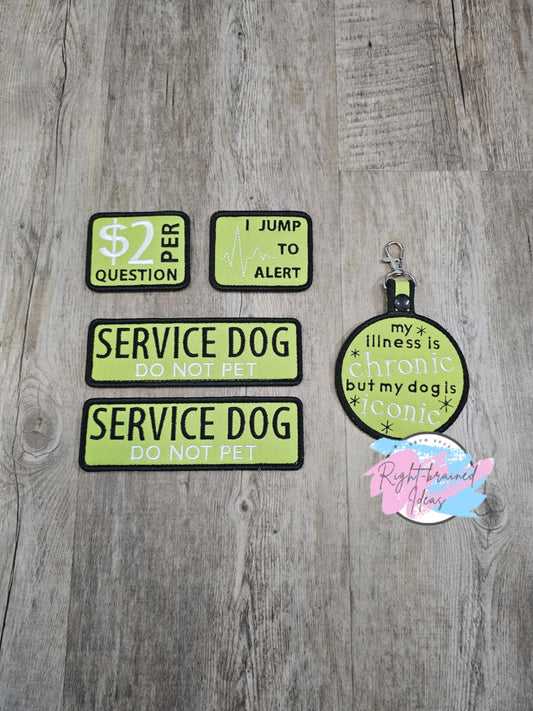 Service Dog, Do Not Pet Black and White on Green Canvas Five-piece Patch and Tab Set