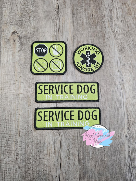 Service Dog In Training Black and White on Lime Green Canvas Four-Piece Patch Set