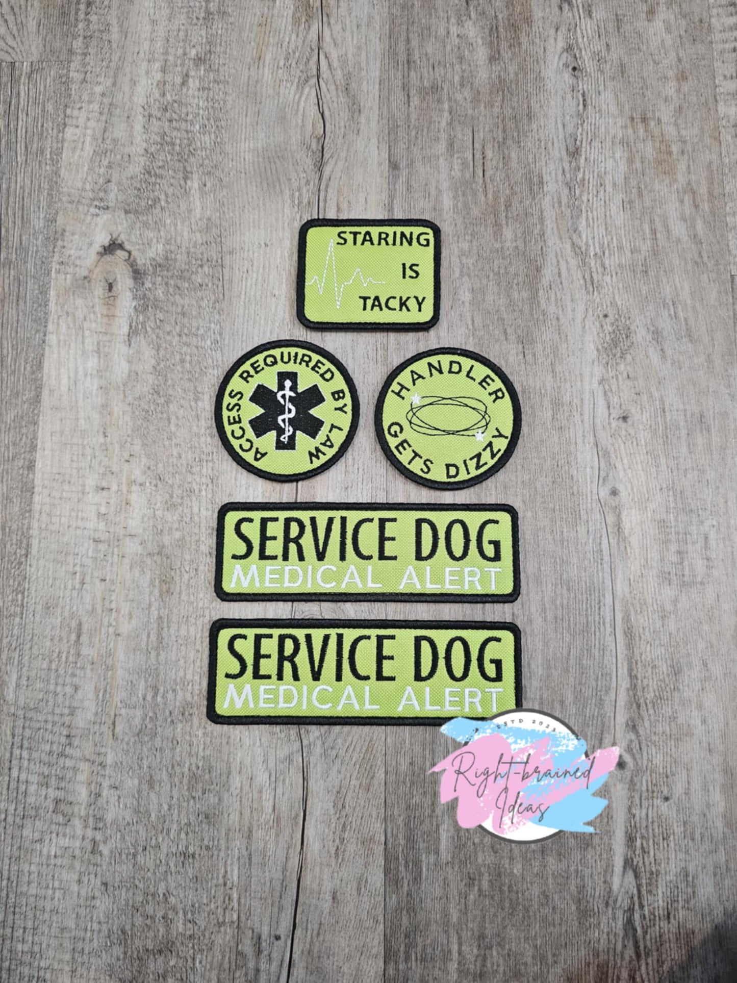 Service Dog Medical Alert Black and White on Lime Green Canvas Five-piece Patch Set