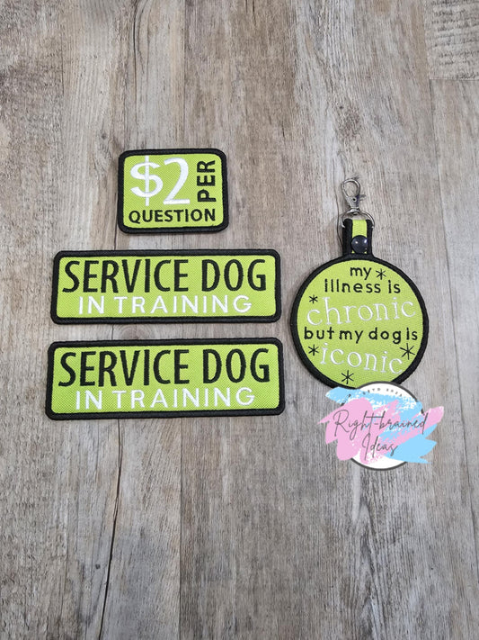 Service Dog In Training Black and White on Lime Green Canvas My Dog is Iconic Four-piece Patch and Tab Set