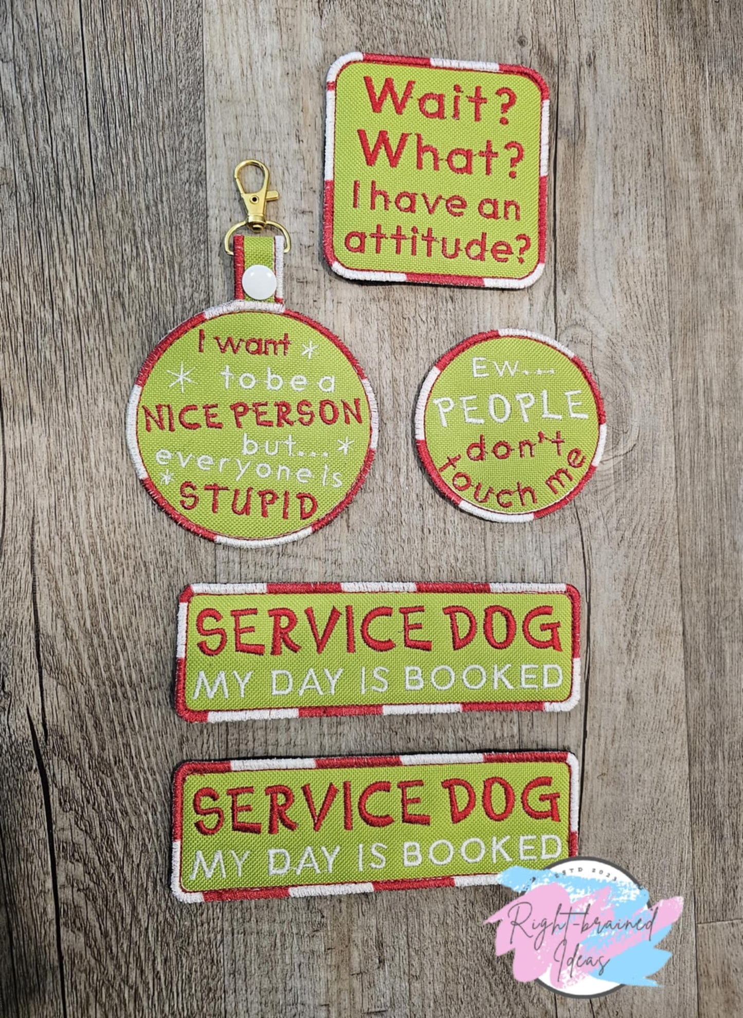 Service Dog Grinch Inspired Christmas Holiday Patch Set Green Canvas Red and White Embroidery Thread