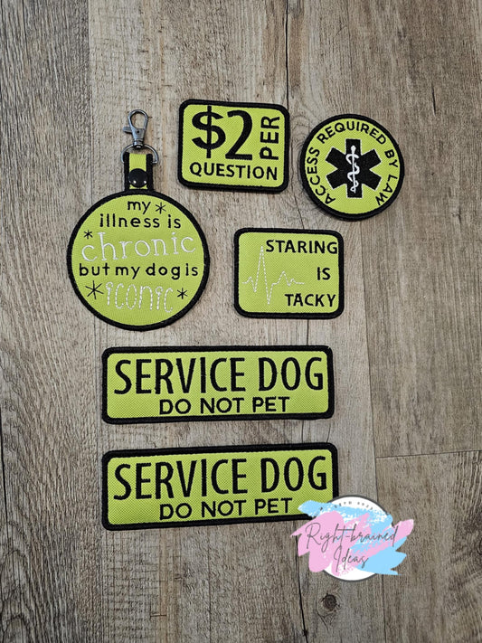 Service Dog, Do Not Pet Black on Lime Green Canvas Six-piece Patch and Patch Tab Set