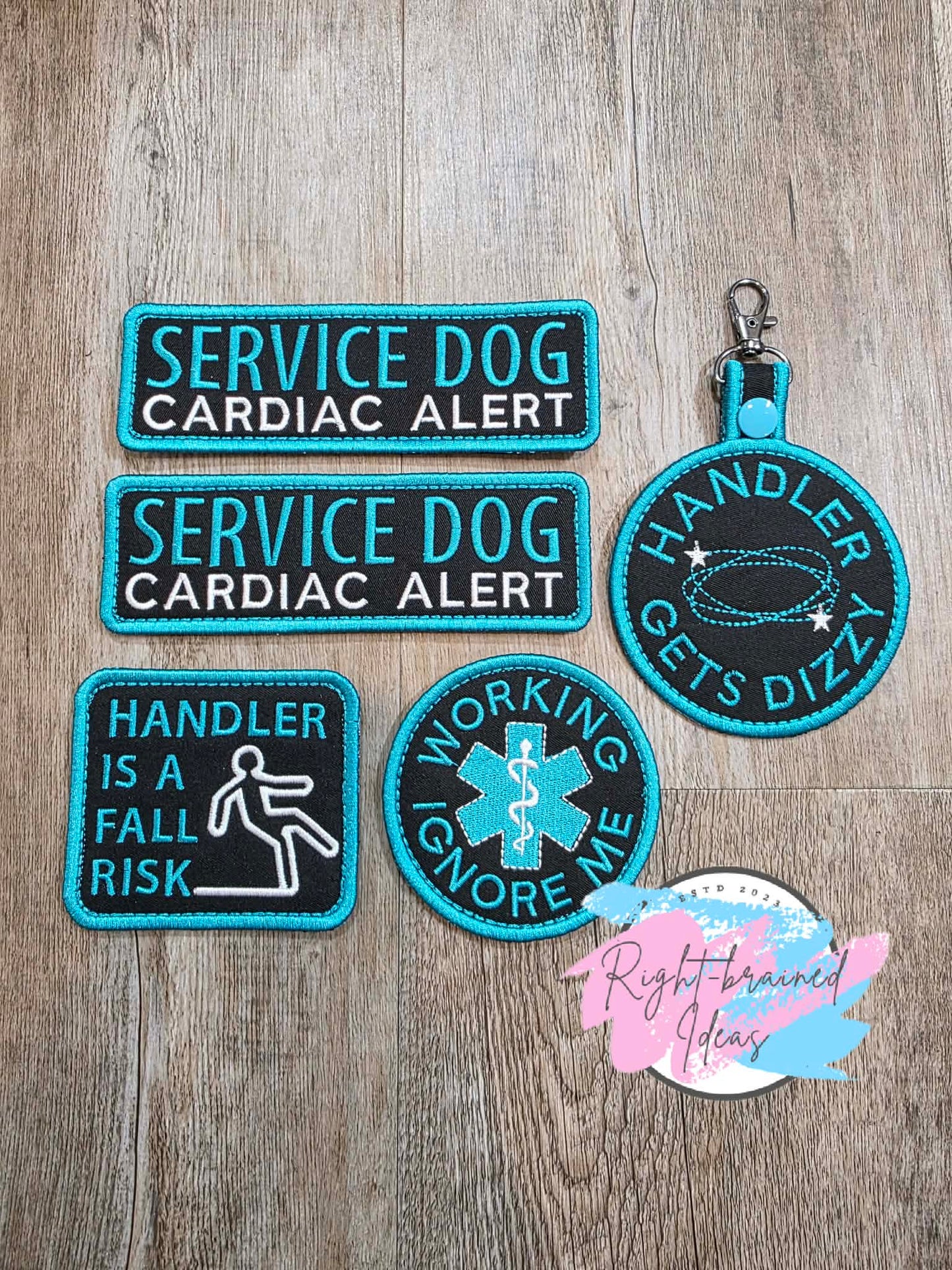 Service Dog Cardiac Alert Teal And White On Lightweight High Performance Black Twill Five-piece Patch and Patch Tab Set