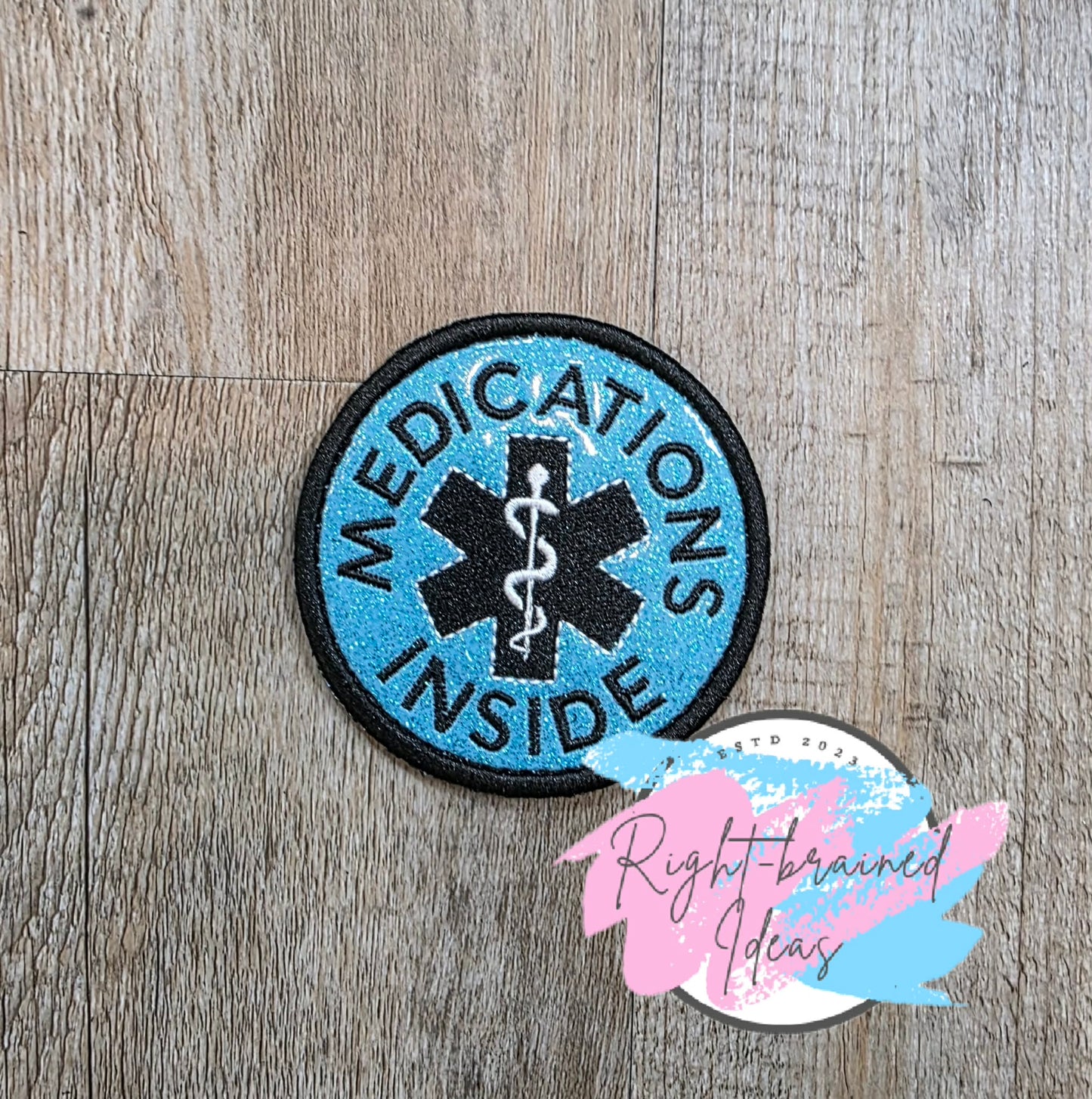 Service Dog Medications Inside White and Black On Sparkle Light Blue Vinyl Three-piece Patch Set