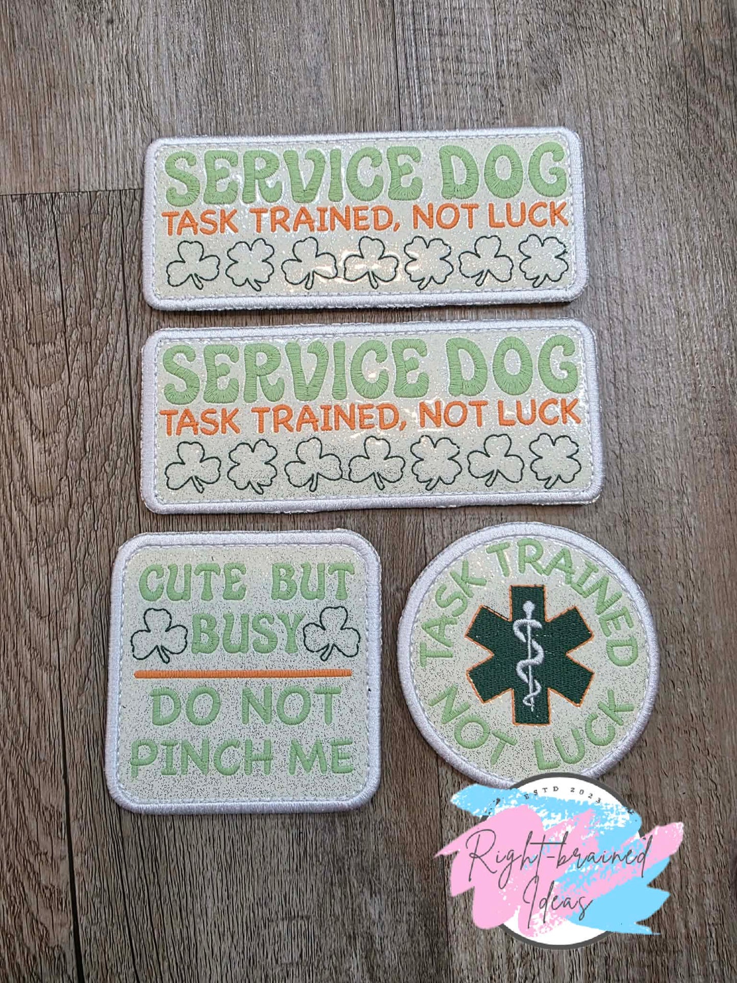 Oversize Shamrock Inspired Service Dog Task Trained Not Luck Flat Matt Mint Green, Flat Matt Forest Green, Flat Matt Orange And White On Sparkle White Vinyl Four-piece Patch Set With Oversized Patches