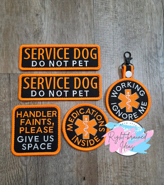 Service Dog Do Not Pet Neon Orange And White On Lightweight High Performance Black Twill Five-piece Patch And Patch Tab Set