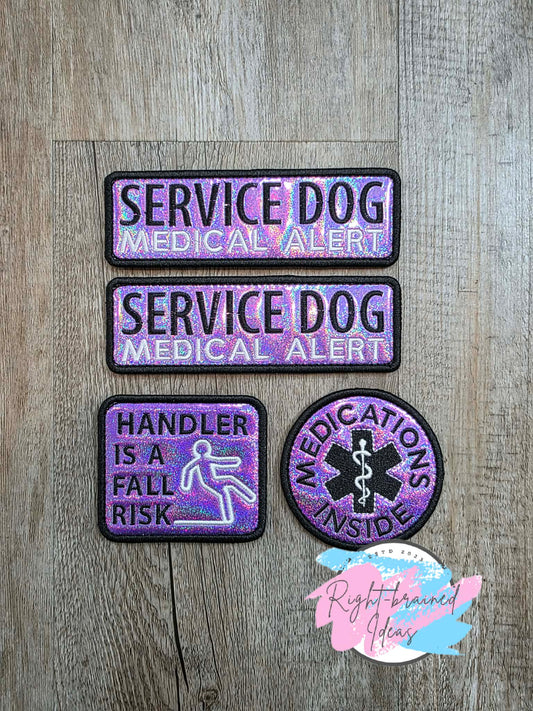 Service Dog Medical Alert Black And White On Sparkle Purple Holographic Vinyl Four-piece Patch Set