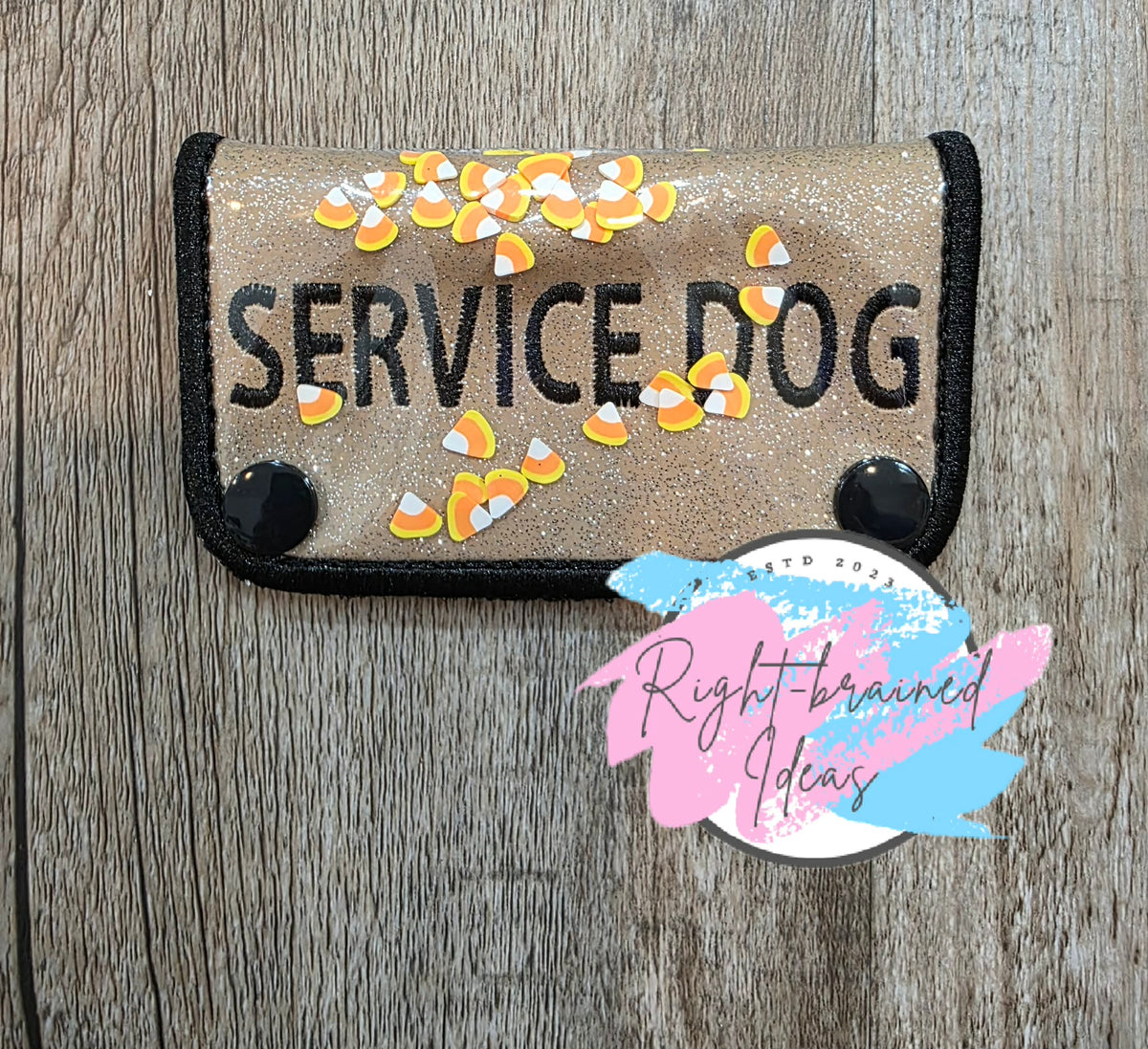Candy Corn Service Dog Black On Sparkle Tan Vinyl Confetti Shaker Wrap