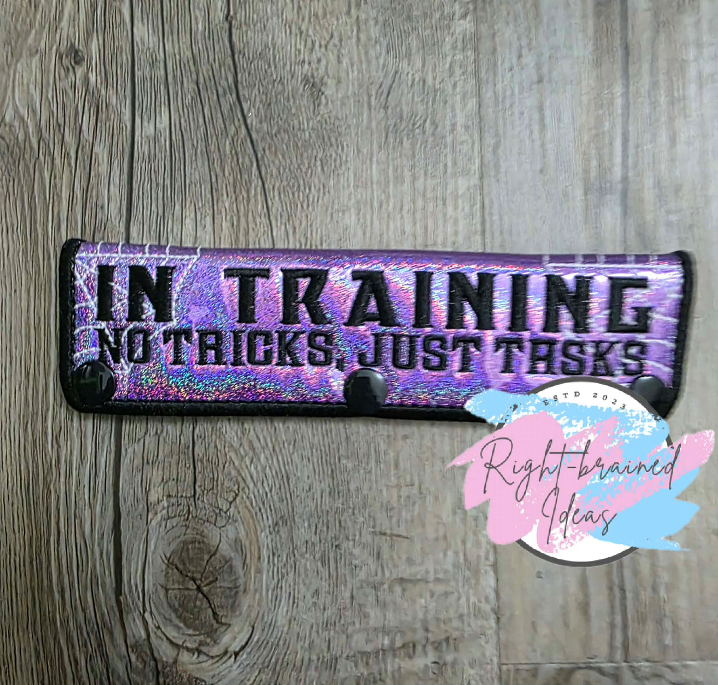 Creepy Crawley Inspired Service Dog In Training Glow-In-The-Dark White And Black On Sparkle Purple Holographic Vinyl Five-piece Oversized Patch And Leash Wrap Set