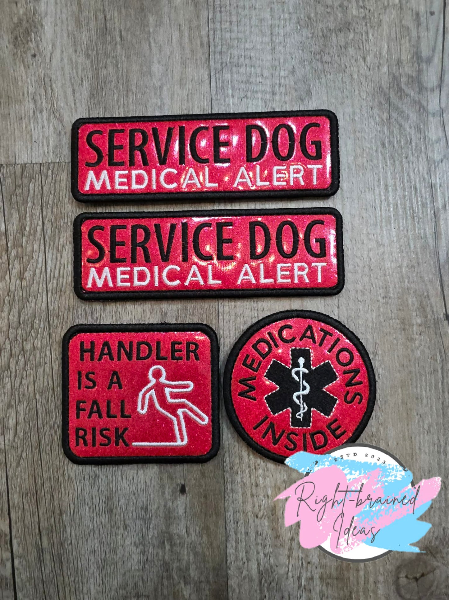 Service Dog Medical Alert Black And White On Sparkle Red Vinyl Four-piece Patch Set