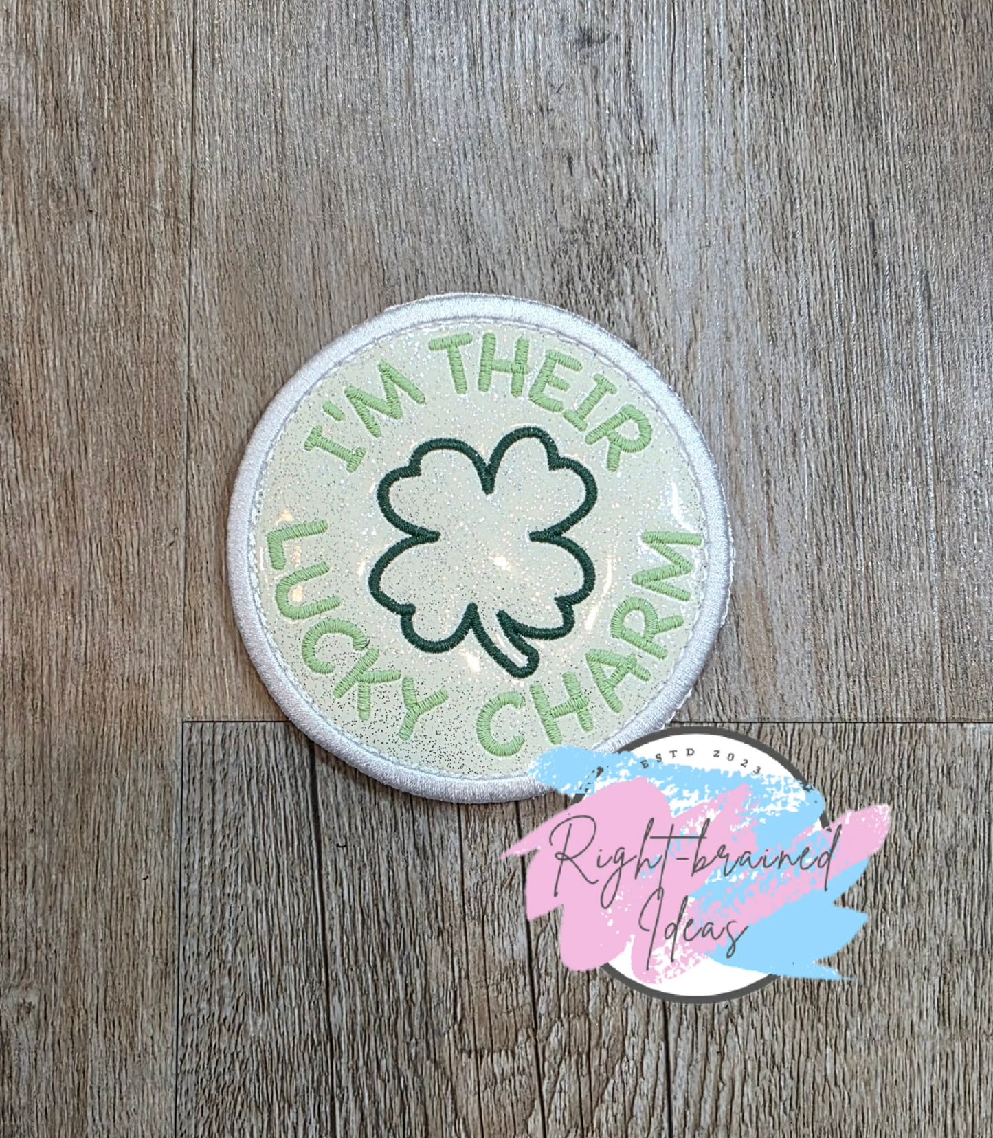 Oversize Shamrock Inspired In Training I'm Their Lucky Charm Flat Matt Mint Green, Flat Matt Forest Green, Flat Matt Orange And White On Sparkle White Vinyl Four-piece Patch Set With Oversized Patches