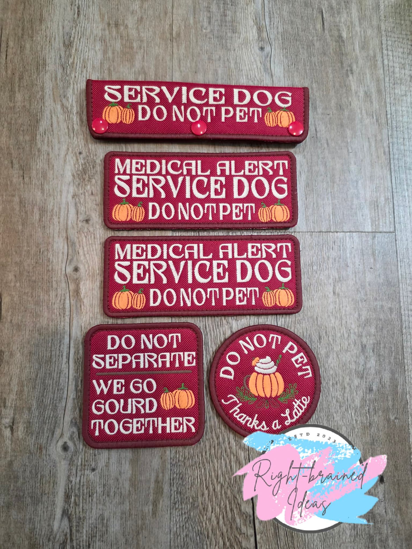 Autumn Inspired Over Size Service Dog We Go Gourd Together Fall Matt Palette Of Colors On Maroon Ottertex Canvas Five-piece Patch and Leash Wrap Set