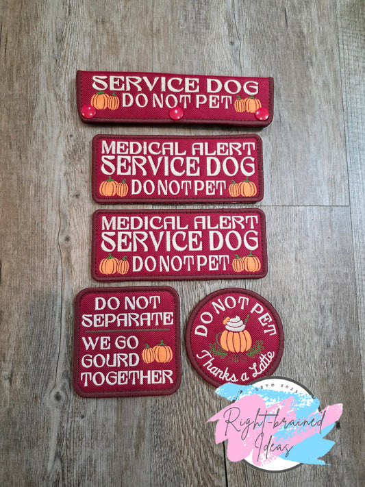Autumn Inspired Over Size Service Dog We Go Gourd Together Fall Matt Palette Of Colors On Maroon Ottertex Canvas Five-piece Patch and Leash Wrap Set