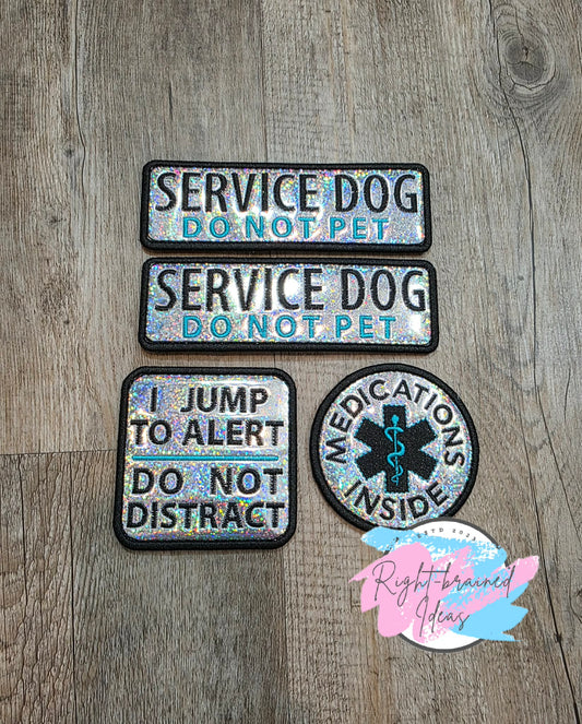Service Dog Do Not Pet Teal And Black On Sparkle Silver Holographic Vinyl Four-piece Patch Set