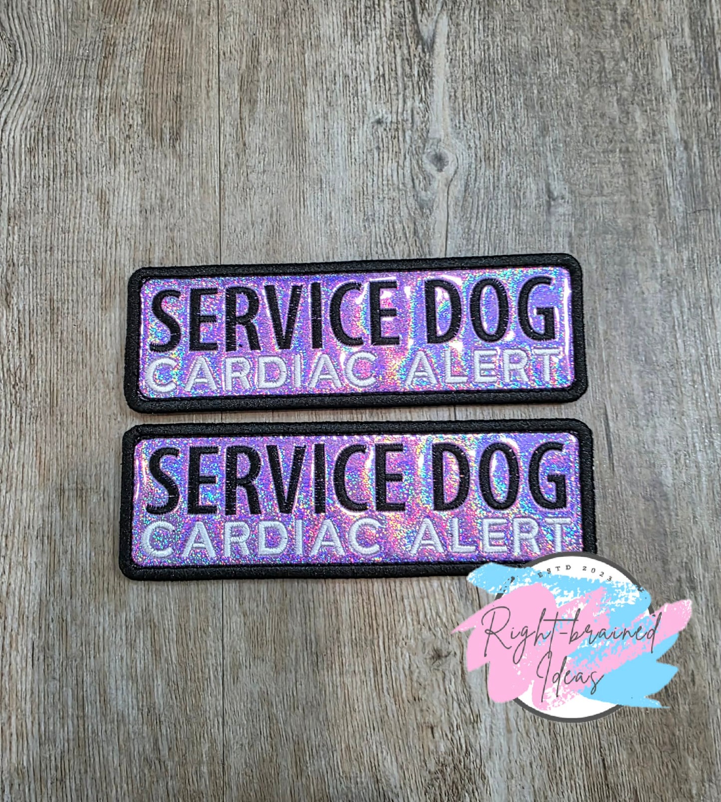 Service Dog Cardiac Alert Black And White On Sparkle Purple Holographic Vinyl Four-piece Patch Set