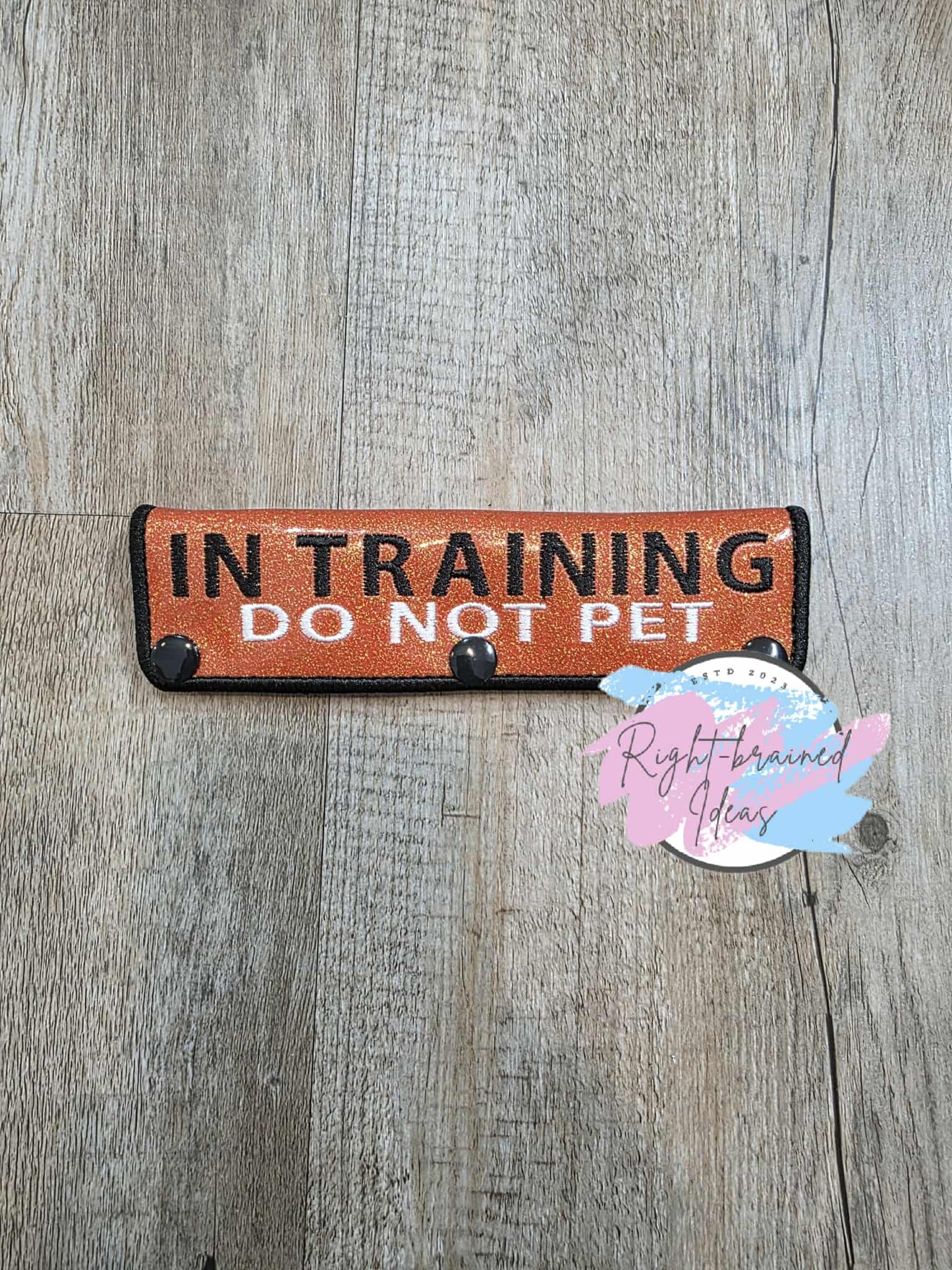 In Training Do Not Pet Black And White On Sparkle Burnt Orange Vinyl Five-piece Patch And Leash Wrap