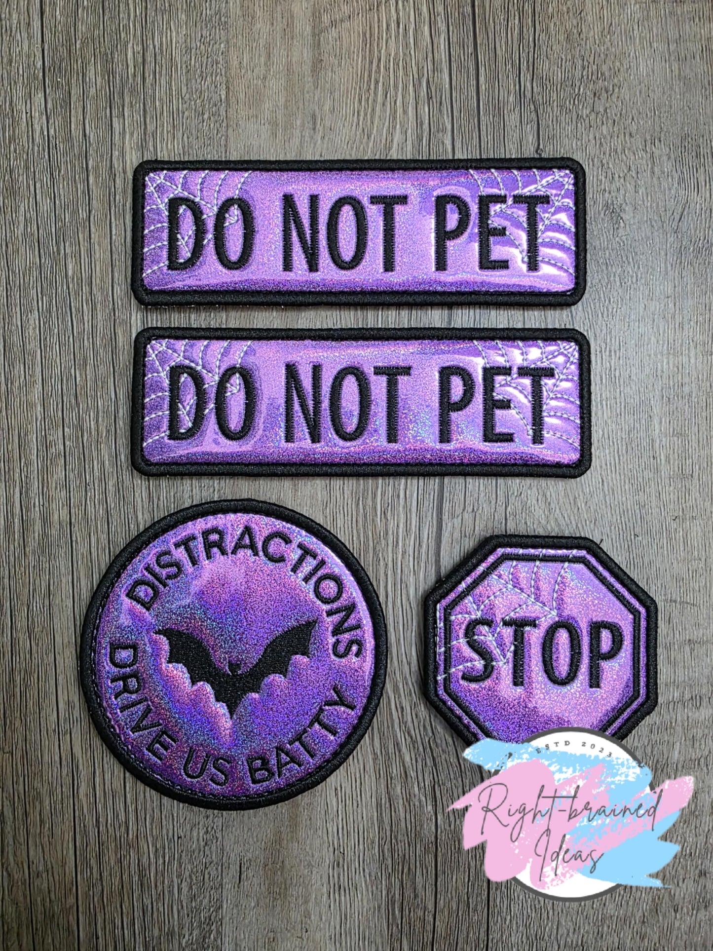 Do Not Pet Creepy Crawley Inspired Black and Glow-in-the-Dark White on Sparkle Purple Holographic Vinyl Four-piece Patch Set