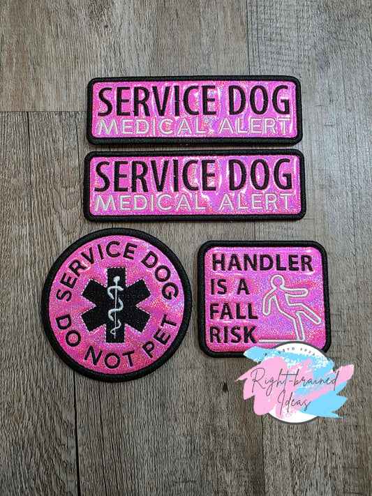 Service Dog Medical Alert White And Black On Sparkle Pink Holographic Vinyl Four-piece Patch Set